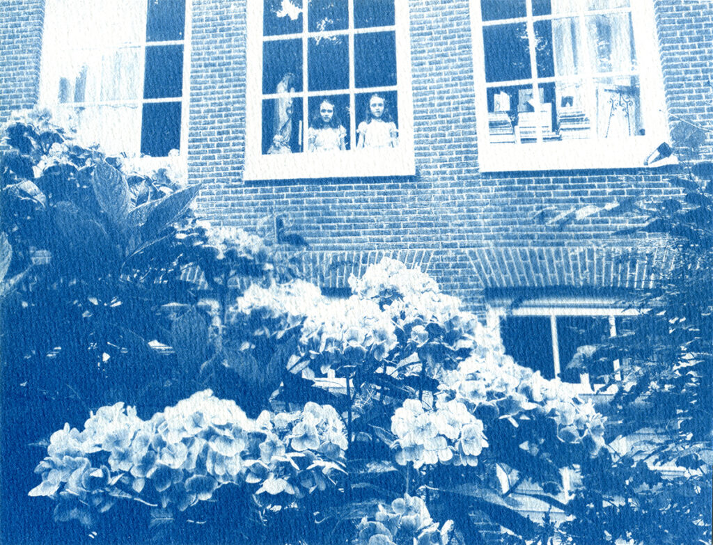 Bâtiment en briques avec, derrière la fenêtre, le collage des jumelles de Shining. Au premier plan, un bosquet d'hortensias.